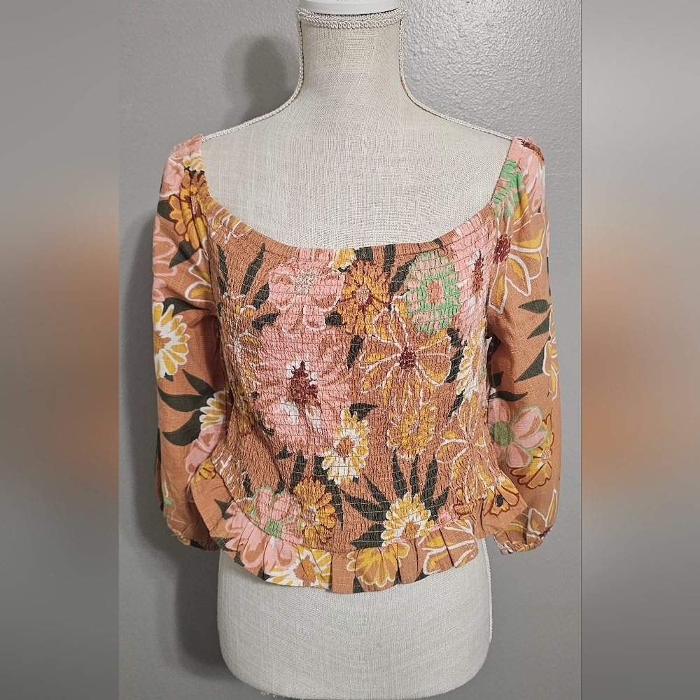 Roxy Floral Smocked Blouse - Pink, Green, Brown